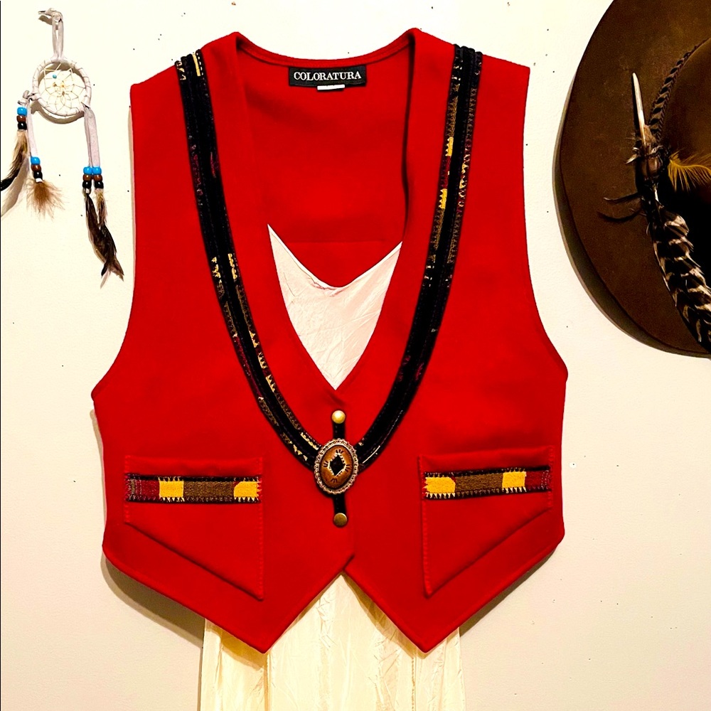 90's Burgundy Appliqué Southwest Vest with Conchos